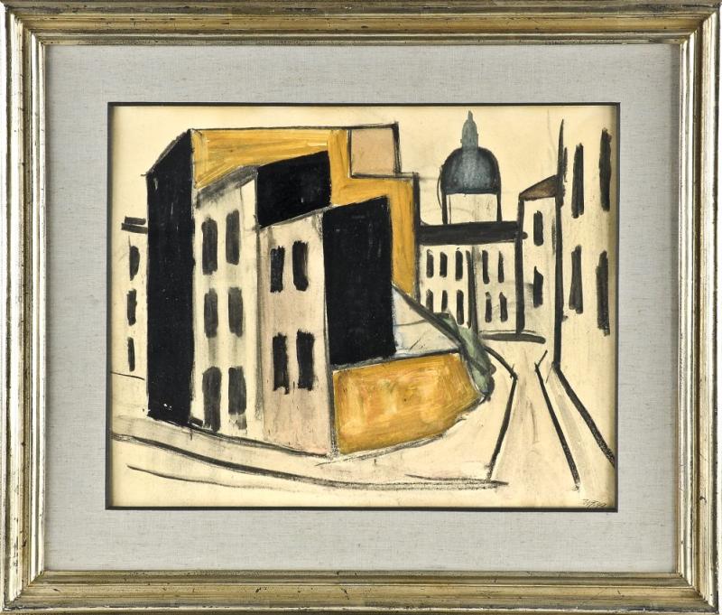 Werner Heldt (1904-1954), Berliner Maler u. Lyriker, 'Häuserkomposition Berlin 1949', Aquarell und Tempera auf Papier, u. re. handsign. u. dat. (19)49, hinter Passepartout in Originalrahmung, verso Etikett der Kestner-Gesellschaft sowie der Werner Heldt Ausstellung in der Kunsthalle Nürnberg, wo dieses Werk als Leihgabe Dez. 1989 - Febr. 1990 zu sehen war, aus Berliner Privatbesitz, 40 x 50 cm, ger. 60 x 70 cm