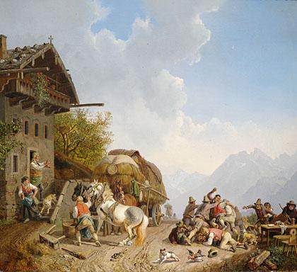 Bürkel, Heinrich (Pirmasens 1802 - München 1869) Rauferei vor einem Wirtshaus  Öl/Leinwand/Leinwand unten links signiert. 36 x 40 cm Lit.: Bühler, Hans-Peter/Krückl, Albrecht, Heinrich Bürkel, mit Werkverzeichnis der Gemälde, München 1989, WVZ S. 241 Nr. 163 mit Abb. und S. 166 Farbtafel 107. Heinrich Bürkel - zwischen München und Rom: Bilderbuch des Bieder-meier. Ausst.-Kat. Museum Alte Post, Pirmasens, 5. Mai bis 29. Juni 2002, hrsg. von Ingeborg Besch, Saar- brücken 2002, S. 126 mit Farbabb.