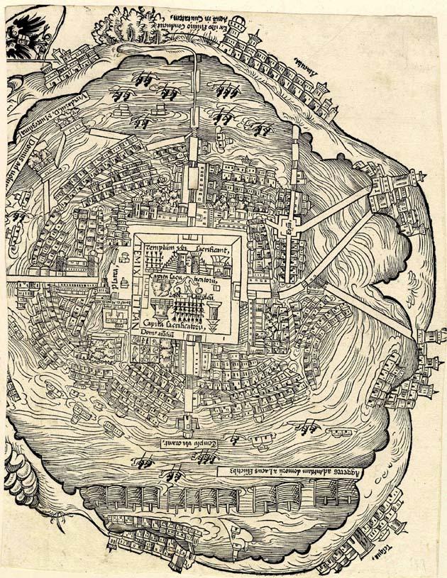 Abbildung zur Ausstellung "GedankenStriche. Glanzstücke aus der Graphiksammlung der Universitätsbibliothek Salzburg"   Unbekannter Künstler, Tenochtitlán, Mexiko-Stadt, 1521/1522, aus: Hernán Cortés: Praeclara Ferdinandi Cortesii de nova maris oceani Hyspania narration, Nürnberg 1524, Holzschnitt, 31 x 23,3 cm, Universitätsbibliothek Salzburg G 169 III, © Universitätsbibliothek Salzburg, Aufnahme: Mag. Beatrix Koll