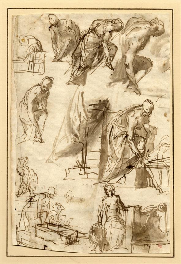 Abbildung zur Ausstellung "GedankenStriche. Glanzstücke aus der Graphiksammlung der Universitätsbibliothek Salzburg"   Paolo Veronese (1528 – 1588), Studien zu Rahel am Brunnen, Bisterfeder-Zeichnung, 26,5 x 17,5 cm, Universitätsbibliothek Salzburg, Sondersammlungen H 489, © Universitätsbibliothek Salzburg, Aufnahme: Mag. Beatrix Koll