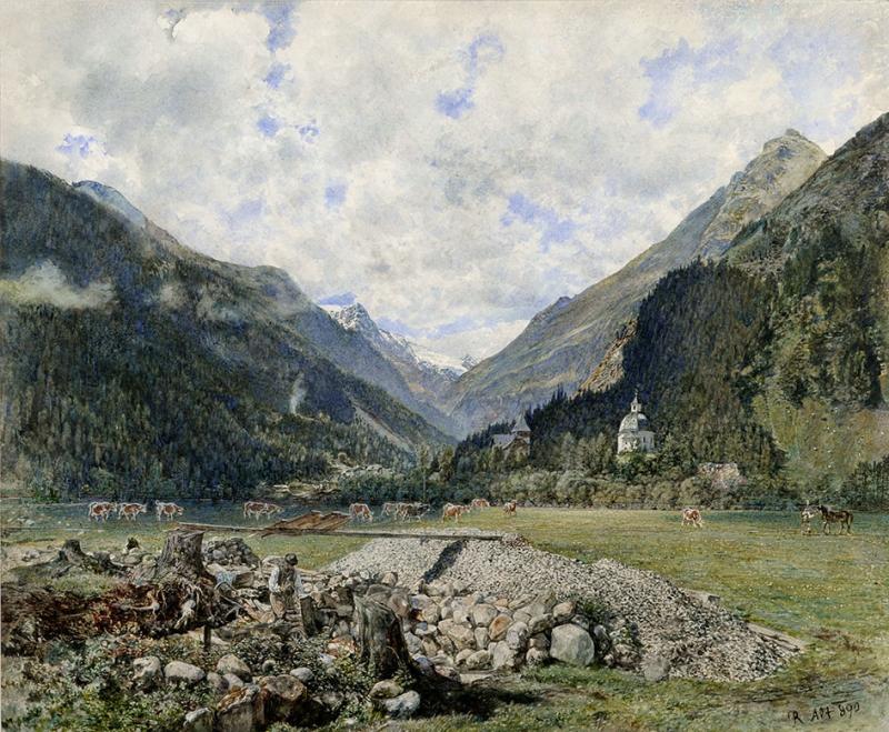 ALT, Rudolf von 1812 -1905 Ansicht von Böckstein 1890 € 30.000 – 50.000  Aquarell auf Papier 39 x 40 cm  Signiert rechts unten: R. Alt   890 Rückseitig zwei Ausstellungsettiketten: 1962  2096 2130  Literatur Koschatzky. Rudolf von Alt, 2001  WVZ 90/09  Laut den Albertina-Direktoren, Walter Koschatzky ( „Telefilms“ für den ORF) und Klaus Albrecht Schröder gehört diese „Ansicht von Böckstein“  zu den besten Altaquarellen.