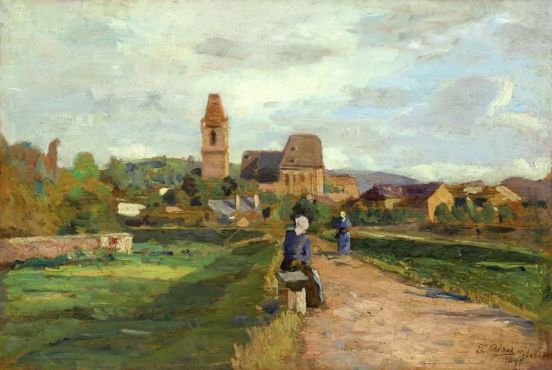 Tina Blau (1845 – 1916) Blick auf Perchtoldsdorf Öl auf Holz signiert, bezeichnet und datiert 1895 17,8 x 26,8 cm (Galerie Szaal)