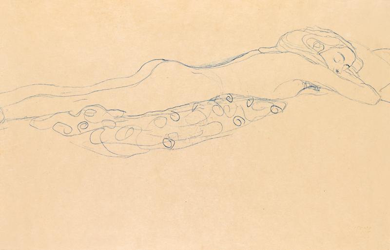 Gustav Klimt (1862 - 1918) Wasserschlange, auf dem Bauch liegender Akt, blauer Farbstift/Papier, Schätzwert € 45.000 - 60.000, Auktion 23. Mai 2012