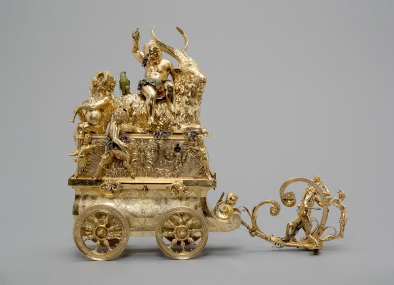 Automat: Triumph des Bacchus (817 KB) Augsburg, 1602–1606, Hans Schlottheim, Sylvester II. Eberlin Silber, vergoldet, kalt emailliert, Werk: Messing und Eisen, H. 43 cm, L. 53 cm, B. ca. 17 cm ©Kunsthistorisches Museum Wien