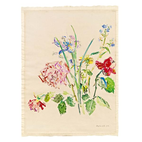 Oskar Kokoschka*  € 50.000 - 100.000; (Pöchlarn 1886 - 1980 Villeneuve/CH)  Blumen, 1953 Aquarell auf Papier; 58 x 44 cm (Passepartout-Ausschnitt) Signiert und datiert rechts unten: Okokoschka 53 Provenienz: Deutscher Privatbesitz. Während der Kriegsjahre entstanden oft Naturdarstellungen, wie die sehr zahlreichen Farbstiftzeichnungen beweisen. Landschaften, Arbeiten auf dem Feld, Tierherden und Stillleben gehörten zu seinen bevorzugten