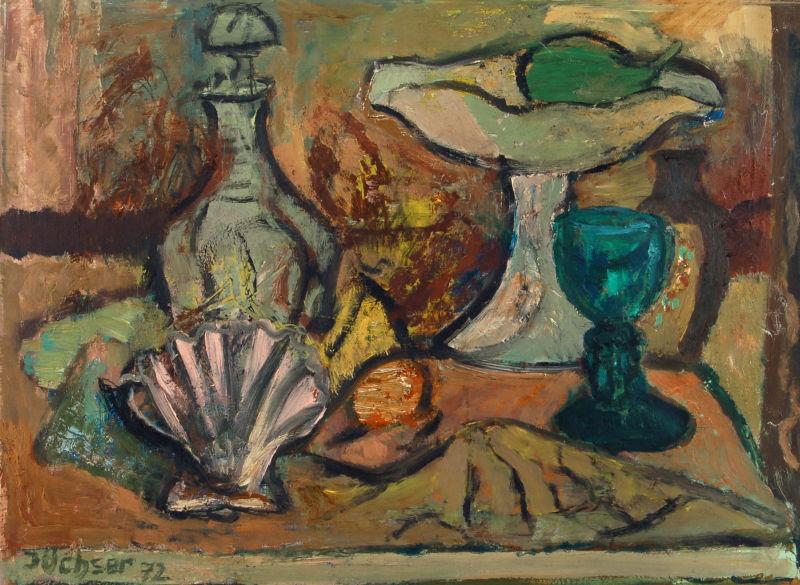 075   Hans Jüchser "Stilleben mit grünem Glas und Muscheln". 1972. 39,2 x 52,2 cm, Ra. 45,2 x 58,7 cm. 	Aufruf 		4000 € ** Zzgl. Folgerechtsabgabe 2.00 %. 	Zuschlag 		9500 €