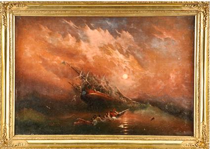 Ein von einer Welle erfasstes kenterndes Schiff wurde von einem Russischen Marinemaler d. 19. Jh., welcher der Aivazovsky Schule entstammt, in Öl auf Leinwand festgehalten. Diese dramatische Szene wird von einer Gruppe Schiffbrüchiger, welche sich verzweifelt an einem Mast festhält, ergänzt. Der Startpreis hierfür ist  15.000 € (Lot 1227).