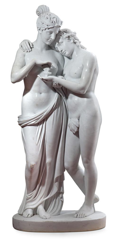 3193 Neoklassizistische Skulptur von Amor und Psyche. Auf ovalem Sockel stehende lebensgroße Darstellung nach Antonio Canova. 19. Jahrhundert. Marmor. H 186 cm Limit 9.000 € Ergebnis 14.700 €