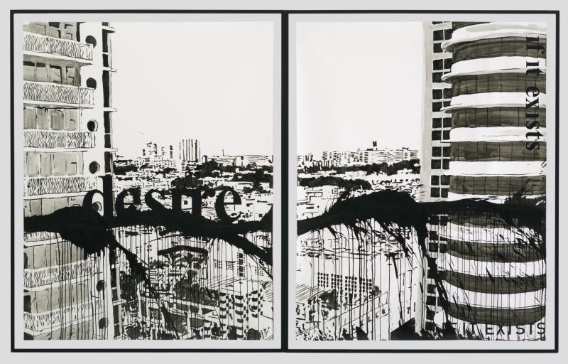 Desire, 2006. diptych. Black Tempera and collage on paper 200 x 300 cm. photo: Fredrik Nilsen. Collection: Museum of Modern Art, New York