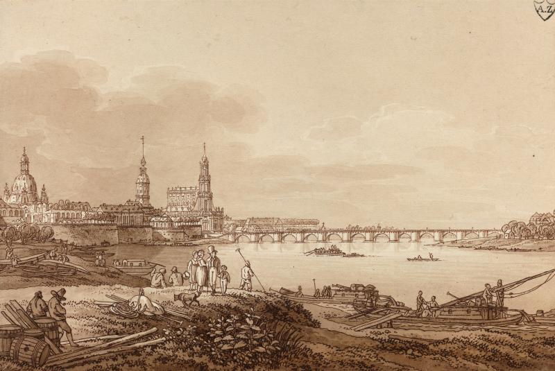 Adrian Zingg Dresden und die Augustusbrücke vom linken Elbufer aus Umrissradierung, braun laviert, 97 × 165 mm (beschnitten) Kupferstich-Kabinett, Staatliche Kunstsammlungen Dresden