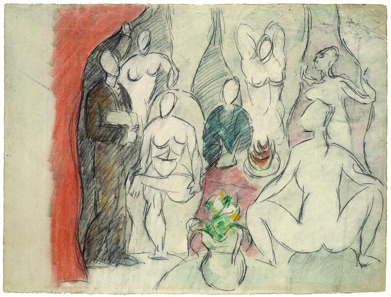 Pablo Picasso Kompositionsstudie zu "Les Demoiselles d’Avignon", März/April 1907 Schwarze Kreide und Pastell über Bleistift auf Ingres-Papier (mit Wz.) 47.7 x 63.5 cm Geschenk des Künstlers an die Stadt Basel; Depositum der Einwohnergemeinde der Stadt Basel 1967 Foto: Martin P. Bühler