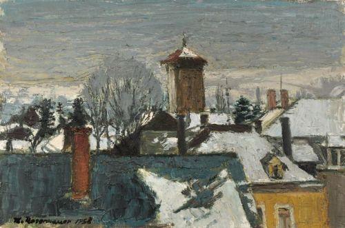 090  Theodor Rosenhauer "Haus mit eckigem Turm am 'Weißen Roß' in Radebeul im Winter". 1958.  Öl auf grober Leinwand. U.li. signiert "Th. Rosenhauer" und datiert. In einer profilierten Holzleiste gerahmt. WVZ Werner Nachtrag. 40 x 60,5 cm, Ra. 51 x 70 cm.			20000 €  Zuschlag 		28000 €