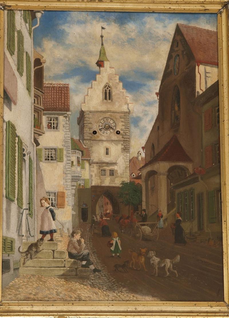 Kat-Nr. 734  Bilderuhr  Öl/Malpappe. Blick auf das Überlinger Tor am Bodensee, mit  reicher Figuren- und Tierstaffage. Rundes Zifferblatt, gebläute  Stahlzeiger. Hochrechteckiges Messingräderwerk, Hakengang, 1/2-  und 1/1-Stundenschlag auf Glocke, Pendel mit Fadenaufhängung,  Federaufzug, blattvergoldeter, profilierter Rahmen. Süddeutsch,  19. Jh. H. 58 cm, B. 43 cm, T. 13 cm.  (4300015)            500,-- EURO