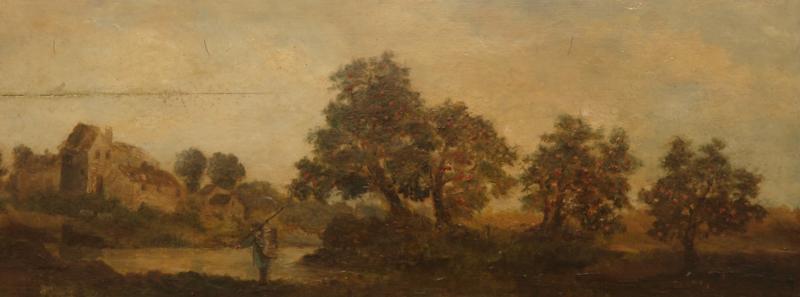 988 Millet, Jean Francois 1814 Gruchy - 1875 Barbizon. Öl/Holz. Sommerliche Flusslandschaft mit Früchte tragenden Obstbäumen und einem Obstbauern am Ufer. Dahinter Dorfsilhouette. U.r. sign. 22 x 54 cm. R. Lit.: 1, (4199037) 10 000,-- EURO