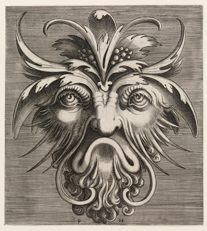 Frans Huys nach Cornelis Floris	 Groteske Maske  Kupferstich, 1551, 162 x 146 mm Herzog Anton Ulrich-Museum Braunschweig Foto: Claus Cordes, Bildarchiv Herzog Anton Ulrich-Museum Braunschweig