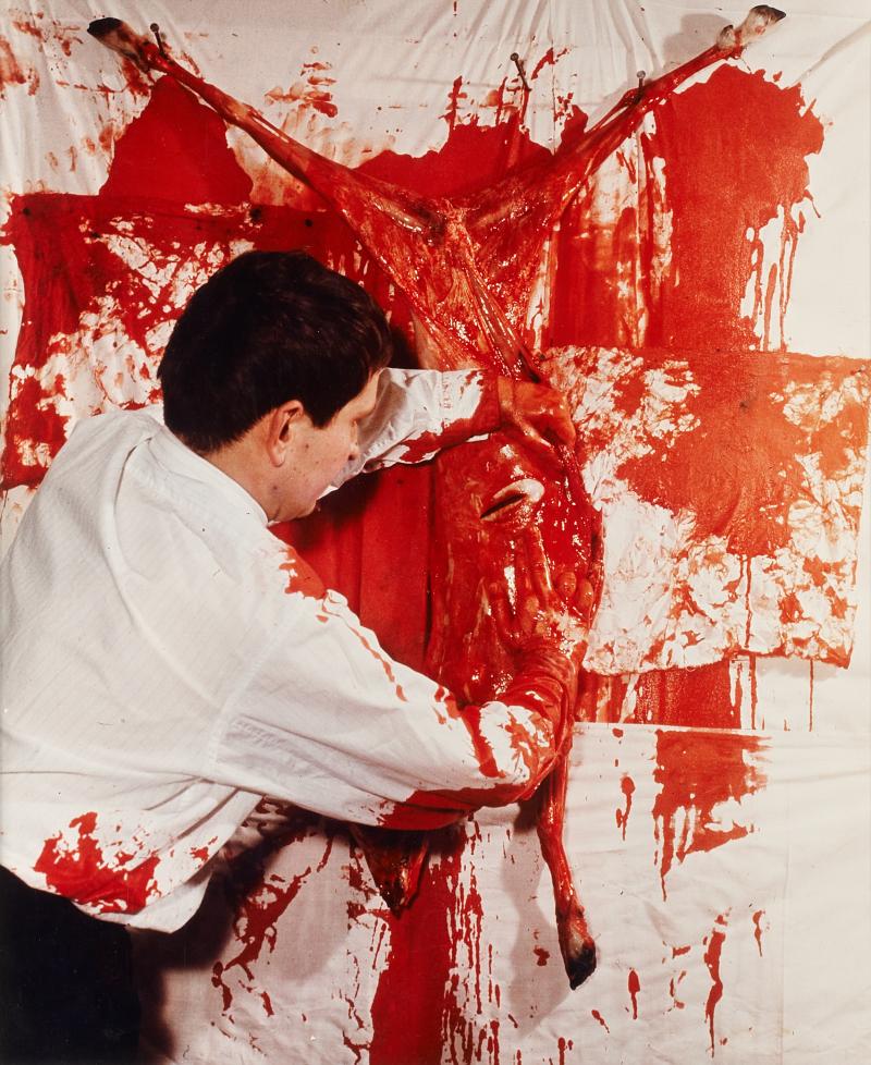 HERMANN NITSCH / LUDWIG HOFFENREICH 4th Action Vienna, November 1963 Chromogenic print, printed 1980s 60,5 x 50 cm Verso: signed and numbered by the artist in ink, edition no. "18/45" © Hermann Nitsch / WestLicht, Vienna