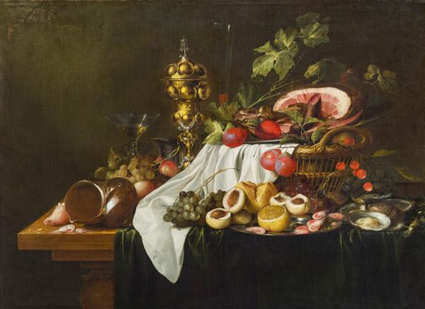 Jan Davidsz. de Heem (Utrecht 1606–1683/84 Antwerpen) Prunkstillleben, um 1645 (auf einem teilweise mit Stoff bedeckten Tisch. Familienbesitz Kaufpreis von € 125.000.-