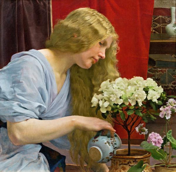 Vojtech Hynais (Wien 1854-1925 Prag) Junge Dame beim Blumengießen Öl auf Leinwand; 48 x 49 cm Signiert und datiert rechts oben: V Hynais / 1913 Kaufpreis von € 32.500.-