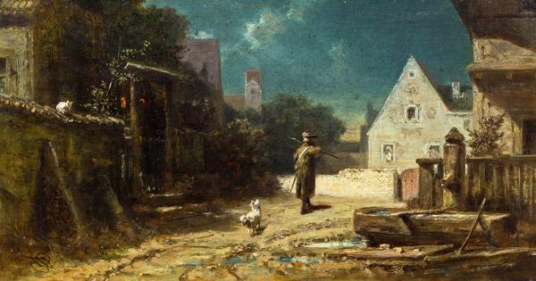 Carl Spitzweg (München 1808 - 1885 München)  Der Nachtwächter (Nachtwächter bei Mondschein, Hund und Katze) Öl auf Karton; 15 x 28 cm um 1870 Monogrammiert links unten: S im Rhombus 87.500.-