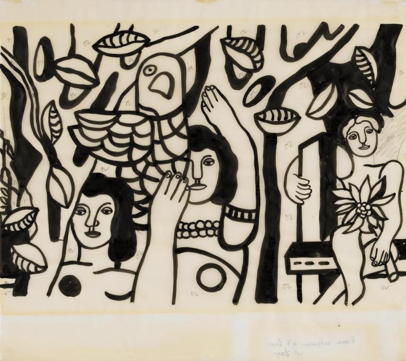 Léger, Fernand 1881 Argentan - 1955 Normandie  Les femmes aux perroquets. Ca. 1950. Tusche und Bleistift auf Transparentpapier. 53,3 x 60cm. Bestätigung der Authentizität verso unten links von: N. Léger.  Schätzpreis: 	80.000 - 120.000 € Van Ham | Saša Fuis (Köln)