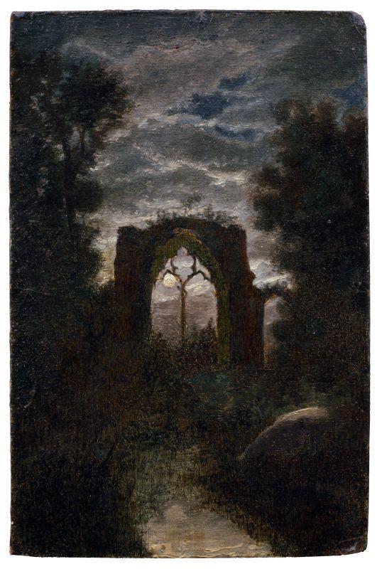 011   Carl Gustav Carus, Die Ruine von Netley Abbey im Mondlicht. 1844.  Öl auf kräftiger Malpappe. Unsigniert. In einer Berliner Leiste des 19. Jahrhunderts gerahmt. Nicht im WVZ Prause. 24000 €