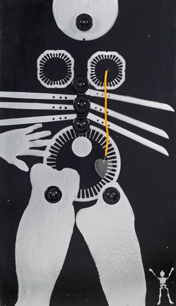 Kiki Kogelnik * (Bleiburg 1935 - 1997 Wien)  Woman with Artificial heart, 1964 Mischtechnik auf Hartfaserplatte, Kunststoff (Kabel, Herz), sechs runde Metallbehälter; 114,5 x 67 cm Signiert und datiert rückseitig auf Platte: K. Kogelnik 1964 Betitelt rückseitig auf Keilrahmen: Woman with artificial heart  Provenienz: 1988 von Robert Mnuchin erworben, USA; Privatbesitz USA