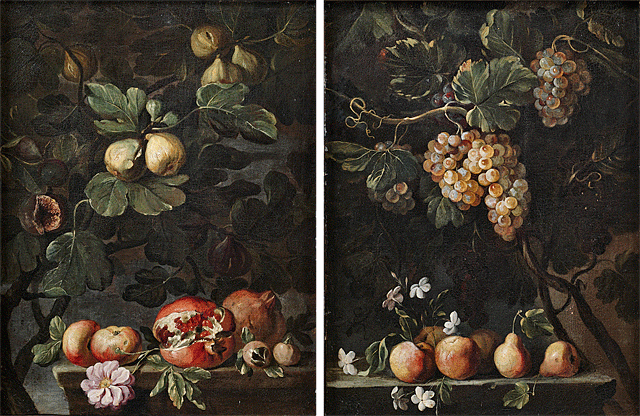 Abraham Brueghel (1631 - 1697)  Obststilleben (Gegenstücke) 65,5 x 49 cm  Expertise: Prof. Federico Zeri, 1998