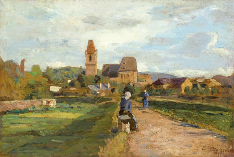 Tina Blau "Blick auf Perchtoldsdorf" Öl auf Holz, signiert, bezeichnet u. datiert 1895 17,8 x 26,8 cm Galerie Szaal