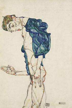 Egon Schiele, »Prediger« (Selbstakt mit blaugrünem Hemd), 1913 © Leopold Museum, Wien, Inv. 2365