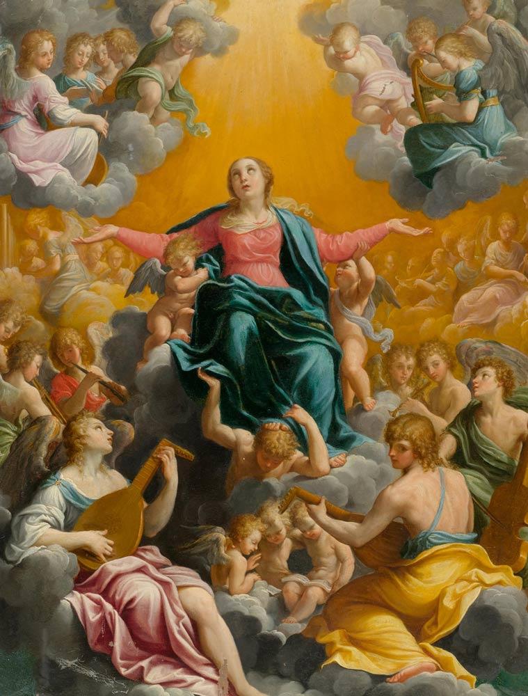 A164 / 3023     GUIDO RENI     (Calvenzano 1575-1642 Bologna)     Mariae Himmelfahrt.     Öl auf Kupfer.     58x44,4 cm.      CHF 80 000 / 120 000