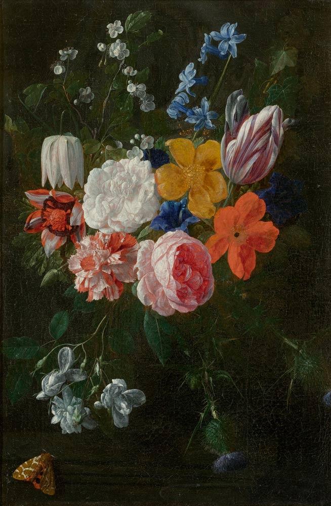 A164 / 3042 NICOLAES VAN VEERENDAEL (1640 Antwerpen 1691) Blumenbouquet mit Rosen und Tulpen. Öl auf Leinwand. 48x31 cm.  CHF 35 000 / 50 000