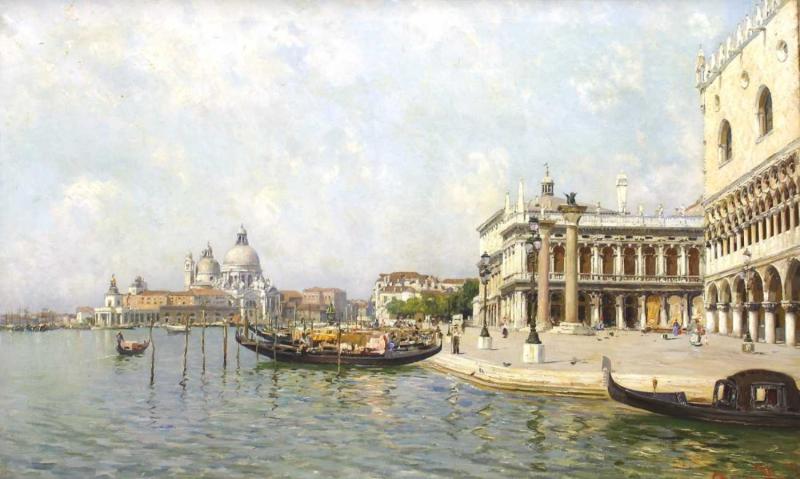 Hay, Bernardo (1864 Florenz - ca. 1931/34) Venedig. Ansicht von der Lagunenseite mit Gondeln und Blick auf Santa Maria della Salute. Öl auf Leinwand. 60 x 94,5 cm. Rechts unten signiert und bezeichnet: Venice 1896. Gerahmt. Lot 34  	 		2.200 EUR   (2.869 USD)   © Auktionshaus Quentin