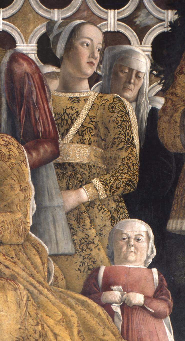 Barbara Gonzaga auf dem Wandbild von Andrea Mantegna in der „Camera degli Sposi“ des Palazzo Ducale in Mantua (um 1474) (Vorlage: Palazzo Ducale, Mantua)