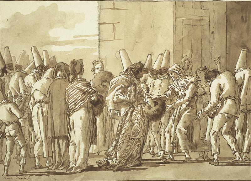 Giovanni Domenico Tiepolo (1727–1804) Pulcinellas Vater führt seine Braut nach Hause, um 1797 Feder und Pinsel in Braun, über schwarzer Kreide auf geripptem Bütten, 35,5 x 47,0 cm Städel Museum, Frankfurt am Main Foto: Städel Museum - ARTOTHEK Eigentum des Städelschen Museums-Vereins e.V. Erworben 2006 aus amerikanischem Privatbesitz