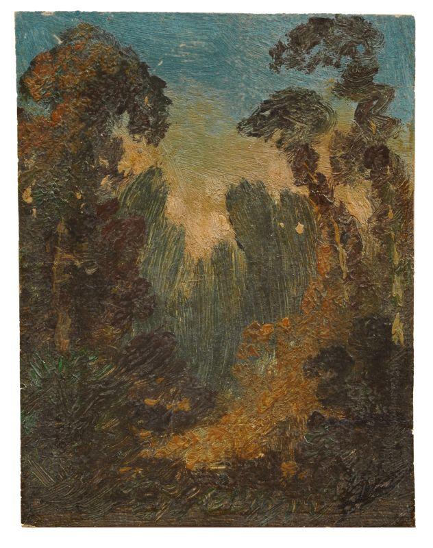 Carl Blechen, Abendliche Waldlandschaft. Um 1833- 1835.  	Verso mit Resten alter Montierungen. Untersatzkarton mit Wasserfleckchen. 6,2 x 4,8 cm. 			15000 €