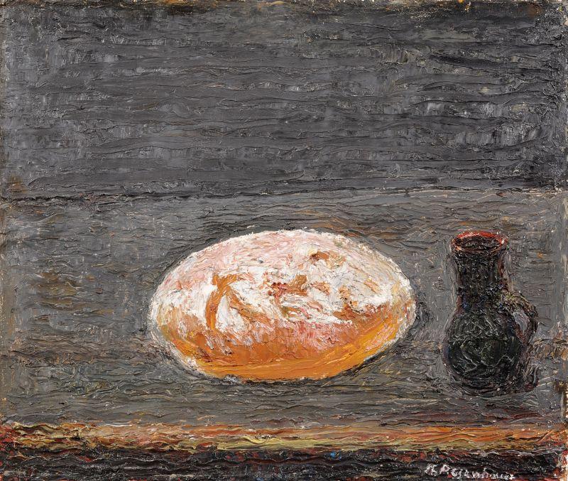 Theodor Rosenhauer "Stilleben mit rundem Brot und Kännchen". 1991.  Öl auf Leinwand. Signiert u.re. "Th. Rosenhauer". In der originalen profilierten, grau gefaßten Holzleiste des Künstlers gerahmt. WVZ Werner 528. 46 x 54 cm, Ra. 55 x 65 cm. 			24000 €