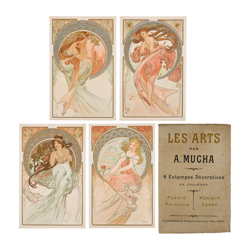 5593 Mucha, Alphons 1860 Eibenschütz/Mähren - 1939 Prag. «Les arts: poésie, peinture, musique, danse». Vier Farblithographien. Vier ... 	Zuschlag: 26000,- EUR (Limit: 300,- EUR)