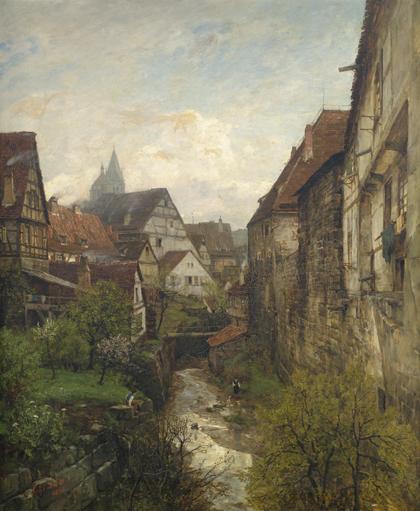 Gustav Schönleber (1851-1917)  Partie in der Esslinger Altstadt am Stadtgraben mit den beiden Türmen der Stadtkirche im Hintergrund. Öl/Lwd., unten links signiert und datiert 1880   124 x 97 cm