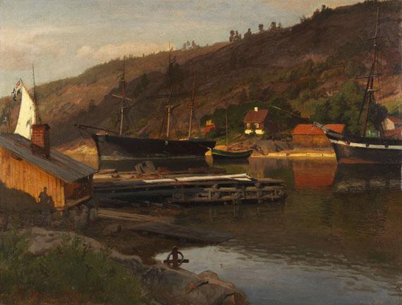 Lot: 1317   Gude, Hans Fredrik  Landungsbrücke Drøbak in der Abendsonne, Norwegen, 1875.  Schätzpreis: 6.000 EUR / 7.740 $. Erlös € 11.000*