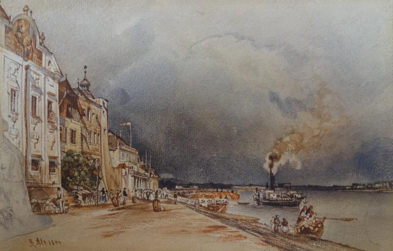 Rudolf von Alt  „Der alte Landeplatz in Stein an der Donau“, 1844, Aquarell auf Papier, 15,5 x 34 cm, signiert und datiert  Foto: Dkfm. Anton Figl Antiquitäten und Bildergalerie, St. Pölten