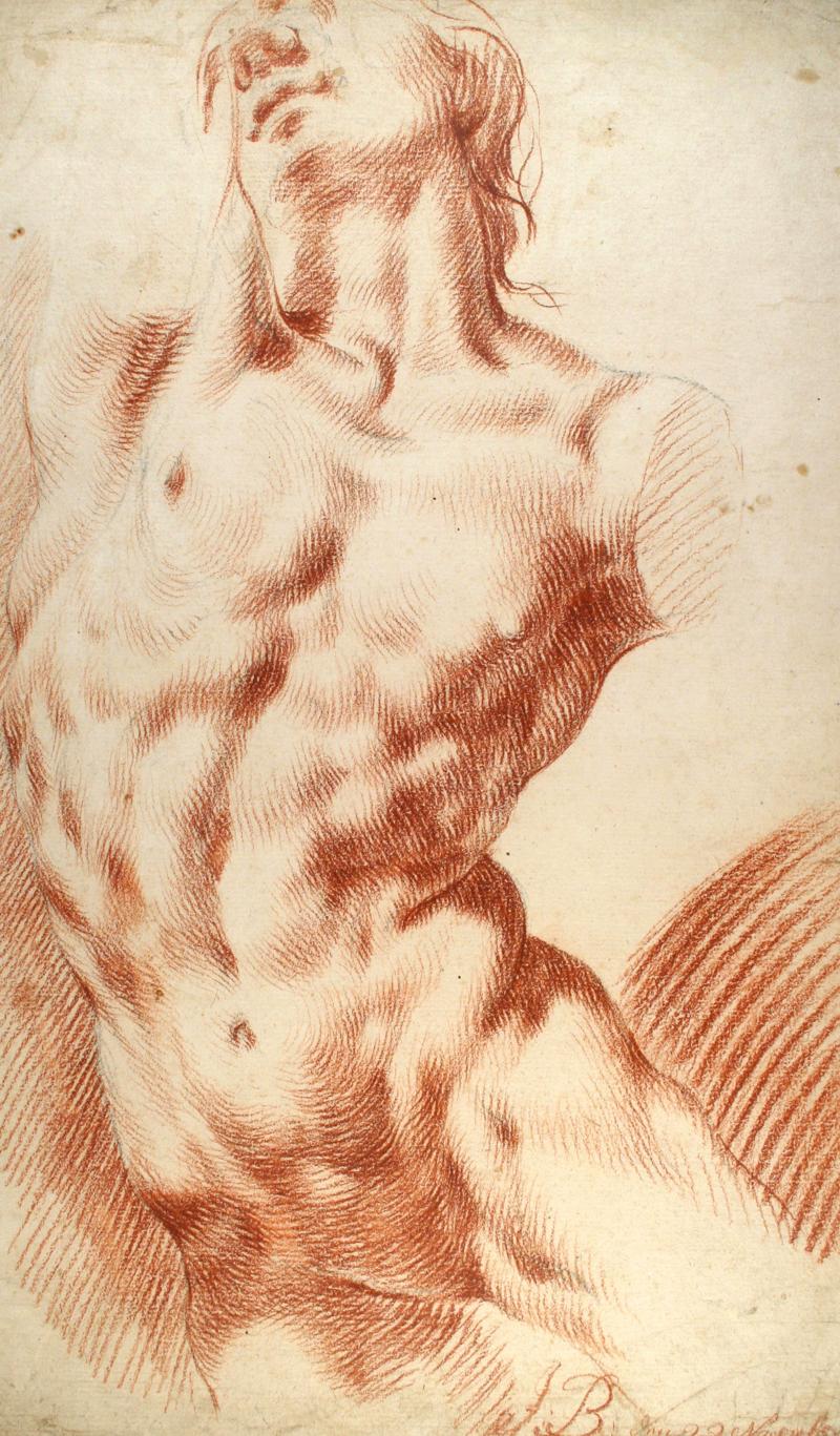 Josef Bergler d. Jüngere  „Männlicher Torso“, Rötel, schwarze Kreide, 48,8 x 27 cm, monogrammiert und datiert: J.B. den 22. November 1773  Foto: Kunsthandel Dr. Keil