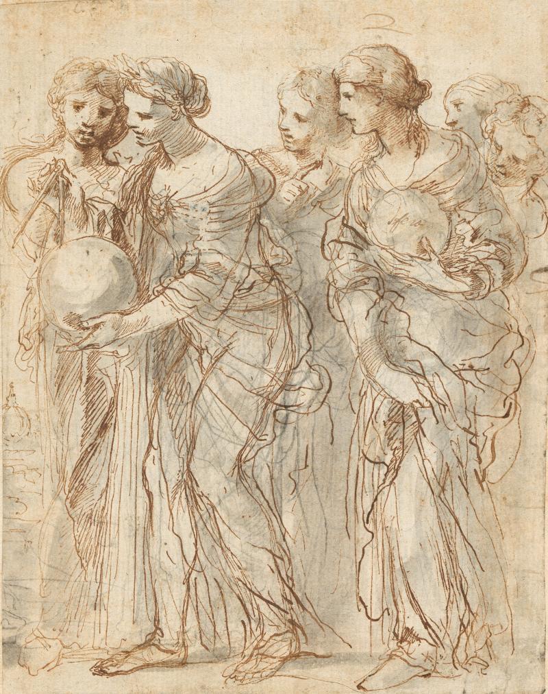 Stefano della Bella (1610 – 1664) Sechs Frauen als Allegorien der Wissenschaften (Vorzeichnung für das Thesenblatt mit Wappen der Medici), ohne Datum Feder in Braun über schwarzem Stift, grau laviert, 184 x 144 mm © Hamburger Kunsthalle / bpk Photo: Christoph Irrgang