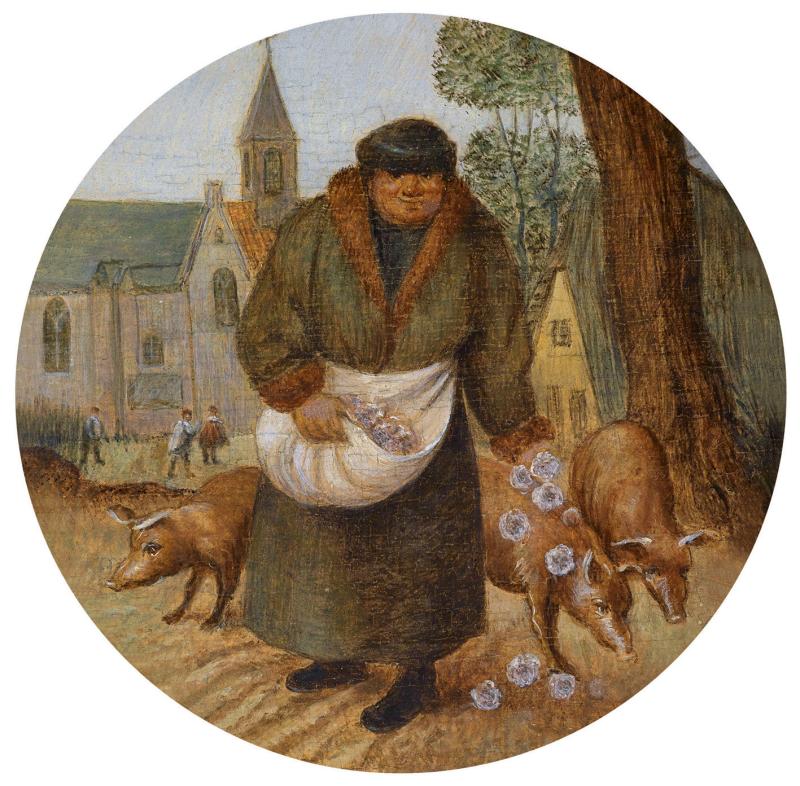 Pieter Brueghel II (1564 - 1637/38) Perlen vor die Säue werfen, Öl/Holz, Durchm. 12,5 cm Schätzwert € 100.000 - 150.000 Auktion 15. Oktober 2013