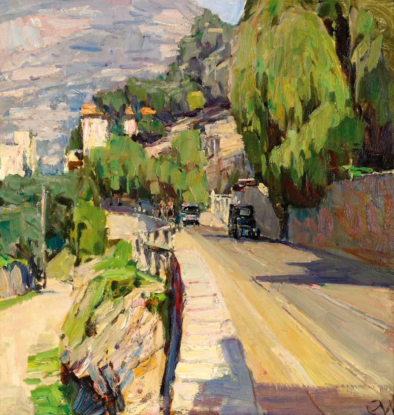 Carl Moll (Wien 1861 – 1945 Wien)  „Küstenstraße bei Rapallo“  Öl auf Holz, 1928/29, monogrammiert  35,5 x 34 cm (c) Wikam