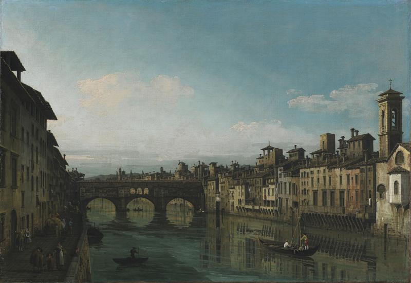 Canaletto. Bernardo Bellotto malt Europa  Bernardo Bellotto, Der Arno mit dem, Ponte Vecchio, Florenz, um 1742/43, Leinwand, 73,3 x 105,7 cm  © The Fitzwilliam Museum, Cambridge