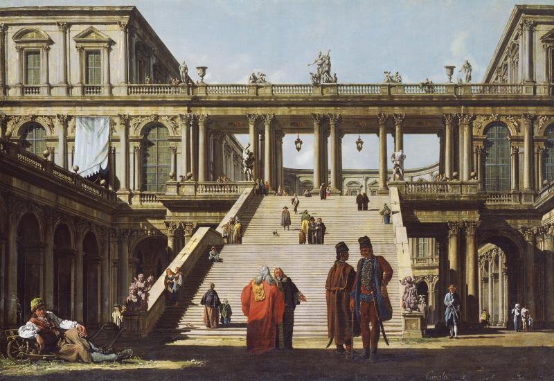 Canaletto. Bernardo Bellotto malt Europa  Bernardo Belloto, Architekturfantasie mit Palasttreppe, 1762, Leinwand, 76 x 110 cm  © Hamburger Kunsthalle