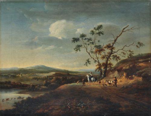 Ferdinand Kobell (Zugeschr.), Weitläufige Landschaft mit Hirten und Herde.  Öl auf Leinwand. Unsigniert. Im gold- und silberfarbenen, profilierten Schmuckrahmen. Dieser verso schwer leserlich bezeichnet "Steinberg" (?).  Malschicht krakeliert. Vor allem im Bereich des Himmels kleine Retuschen. 33,7 x 43,3 cm, Ra. 46,7 x 57,4 cm.  		6000 €