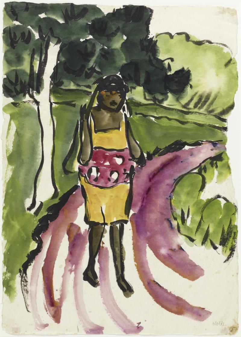 Emil Nolde, "Südseemädchen in Landschaft", 1913/14, Aquarell auf Papier, 48,3 x 34,5 cm, signiert: 'Nolde.' Thole Rotermund. Kunsthandel, Hamburg