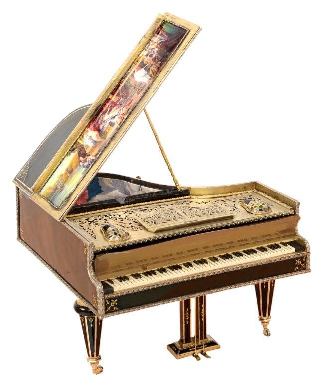 Miniatur Klavier um 1880  Email Malerei, Spielwerk mit fünf Melodien,  B: 25 cm, T: 24 cm; H: 16 cm  Antiquitäten Kral