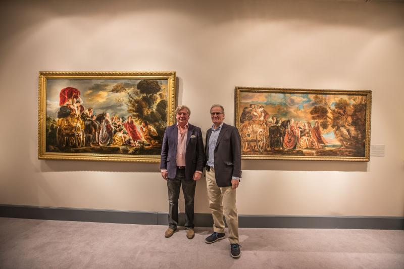 Meeting of Masterpieces at TEFAF 2013 Johnny van Haeften and Jean-Luc Baroni viewing Odysseus and Nausicaa, painting and cartoon by Jacob Jordaens (1593-1678) brought together for the first time in centuries.